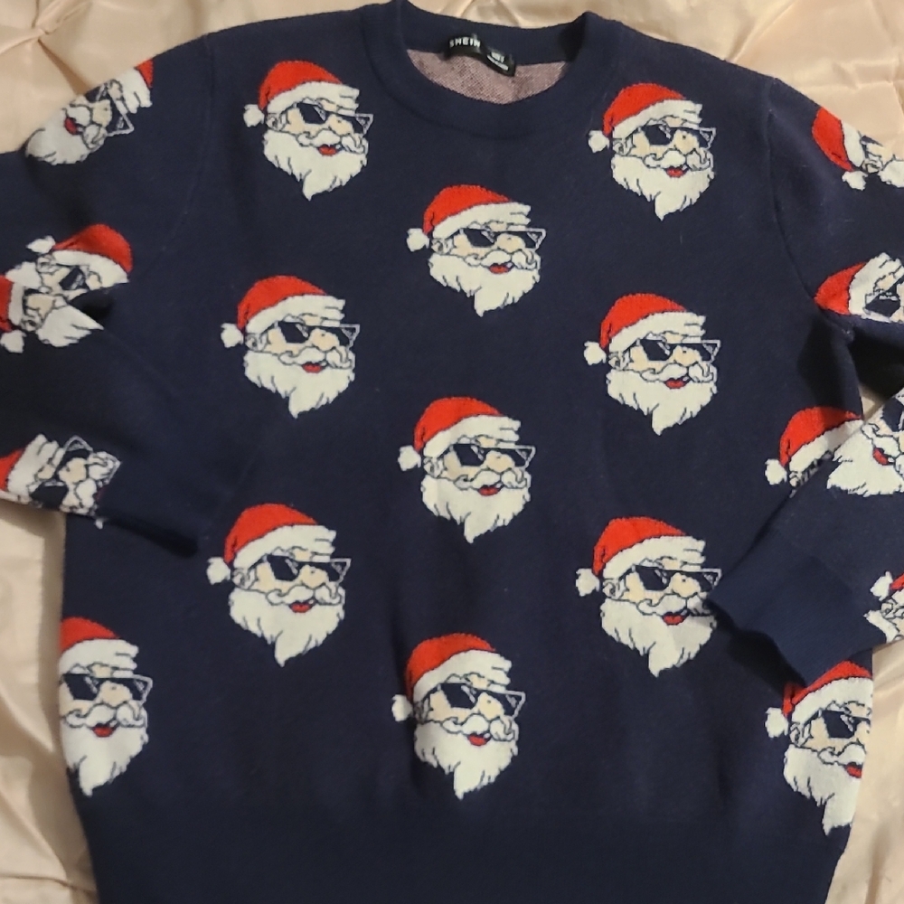 SHEIN Navy Blue Santa Crewneck Sweater